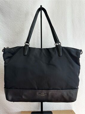 Coach Black Nylon Leather Tote Bag Shoulder Bag Zip Top Work Laptop Purse Large